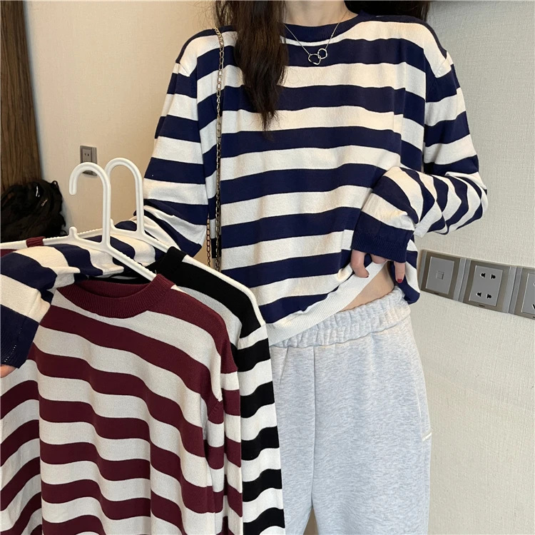 

2021 Autumn Winter Long Sleeve Striped Pullover Women Sweater Knitted Sweaters O-Neck Tops Korean Pull Femme Jumper Female Top