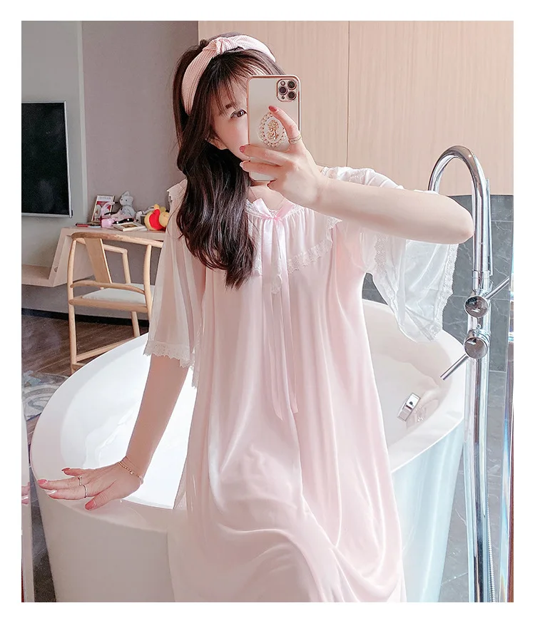 New Palace Style Nightdress Women's Summer Short Sleeve Korean Sexy Dress Lace Nightgown with Bra Home Skirt Lady Sleepwear