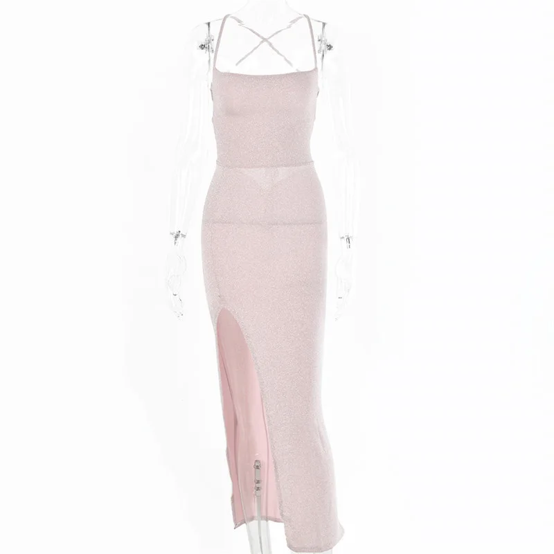 

Articat Long Backless Maxi Dress Women Spaghetti Strap High Split Bodycon Bandage Summer Dress Elegant Slim Party Dress Vestidos