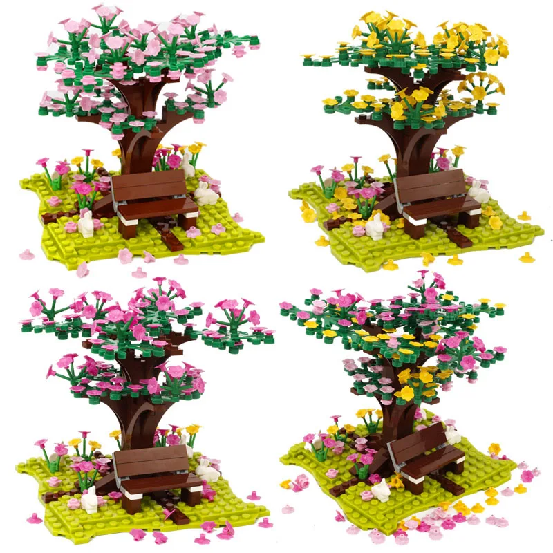 

Городской кролик MOC, дерево, скамейка, цветок, растение, бонсай, модель уличного вида, строительные блоки, кубики, Коллекционные детские разв...