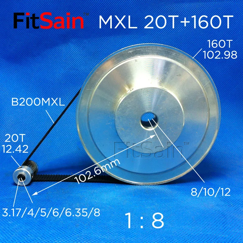 FitSain-MXL 20T+160T 1:8 Width 10mm Synchronous Wheel Stepper Motor Pulley Gear Reduction