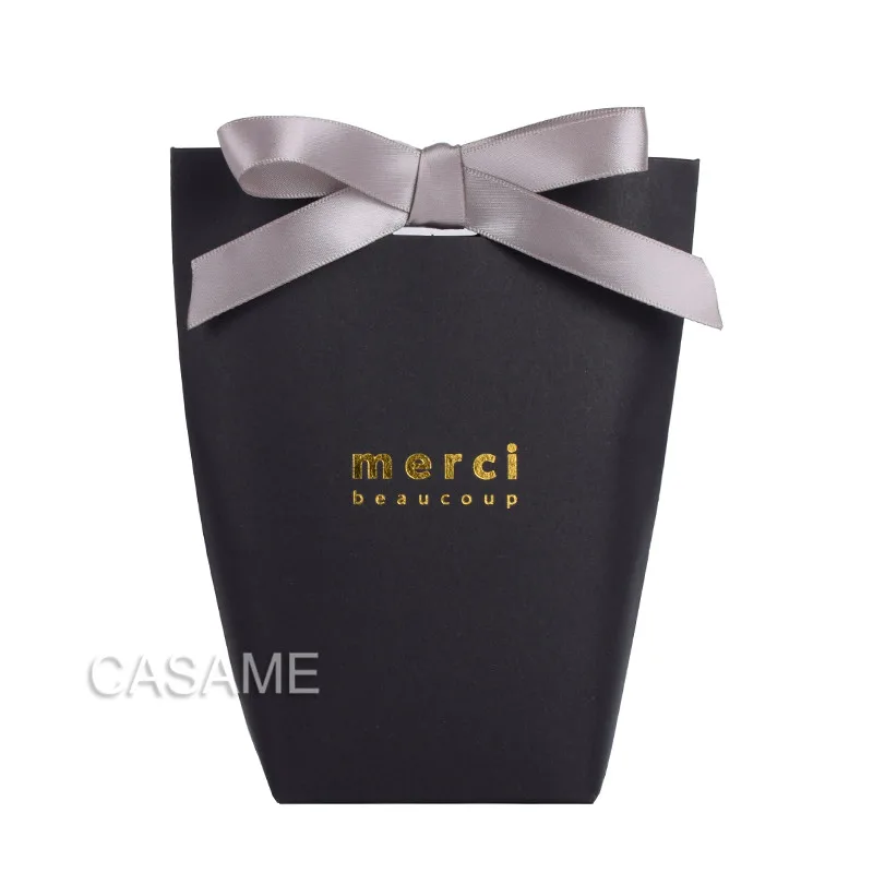 Large black Merci 6 шт. черная белая крафт-бумага, сумка бронзовая французская "Мерси", подарочная упаковка, сувенир для свадебной вечеринки, конфетные пакеты с лентой - Цвет: Large black Merci