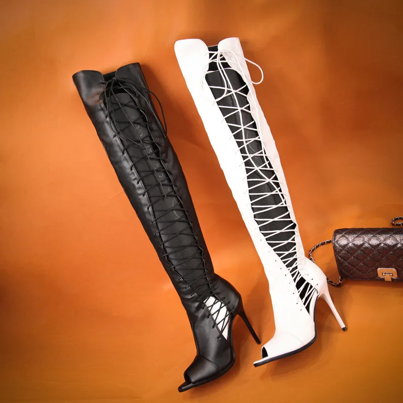 

2020 Super Size Sexy cross lace up boots over knee boots export women's shoes fish mouth cool boots