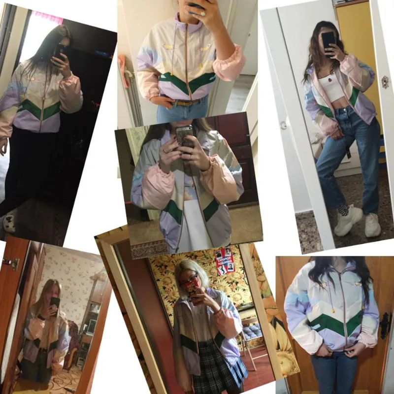 

YICIYA 2020 Women Pastel Bomber Jacket Cute Embroidery Color Block Duster Souvenir Sukajan Jacket Japanese Girls Harajuku Style