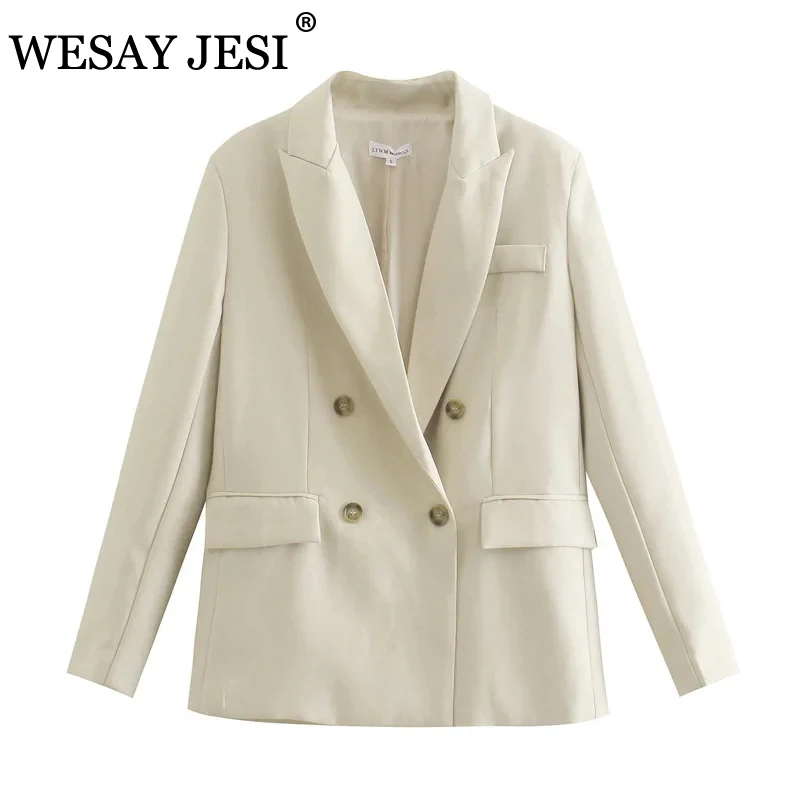 

WESAY JESI Women Blazer Office Wear Fashion Double Breasted Blazer Coat Casual Long Sleeve Back Vents Female Outerwear Chic Tops