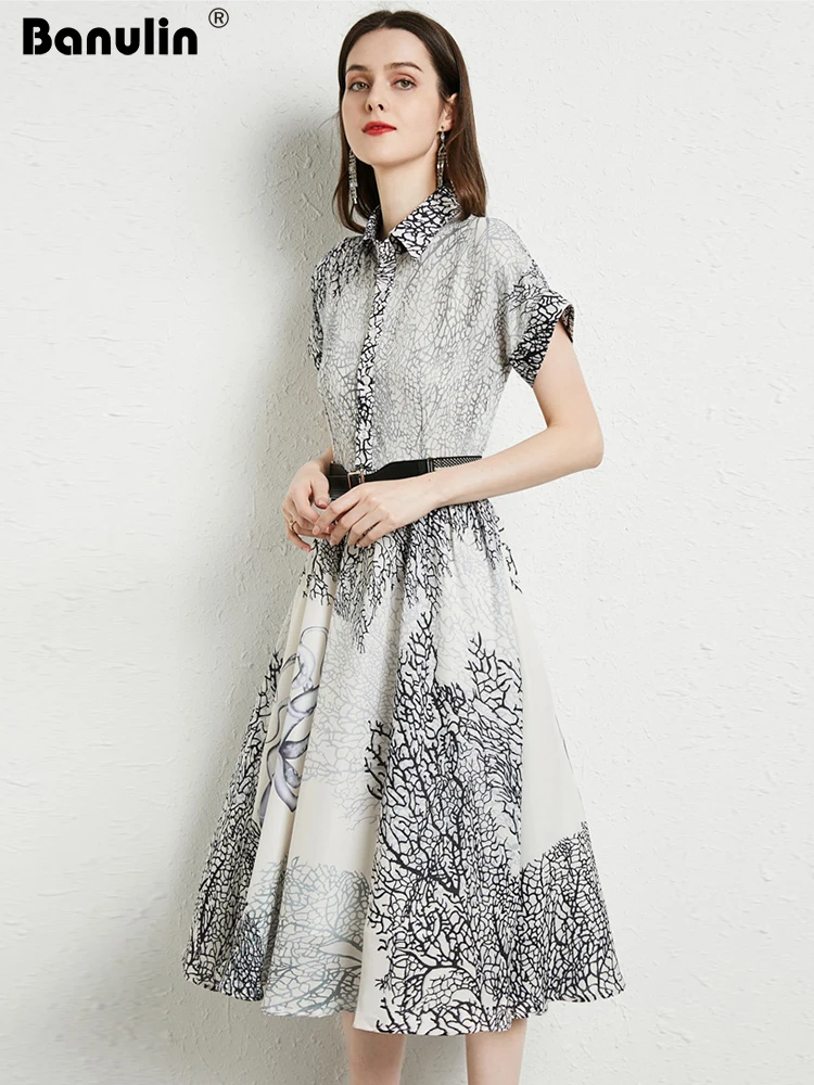 

Women Summer Casual Midi Dress Floral Print Turn Down Neck A Line Casual Retro Streetwear Chic Dresses Vestidos Office Work