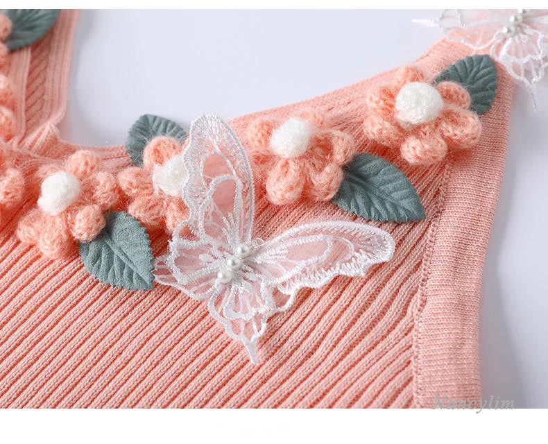 Knitted Vest Inner Match Slim Strap Top All-Match Bottoming Shirt for Women Pink Flower Patch Camisoles Slim Fit Nancylim