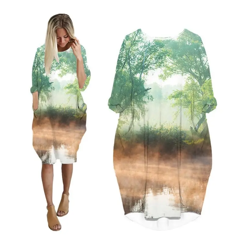 

Женское платье-рубашка миди с длинным рукавом и 3D-принтом