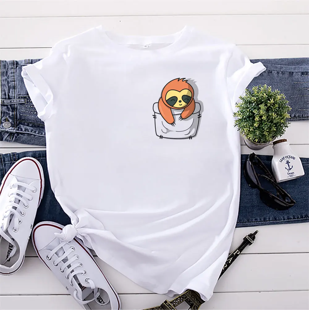 

Women T-shirt Summer Short Sleeve 100% Cotton S-5XL Cute Sloth Print Casual O Neck Female Tshirt Tees Tops