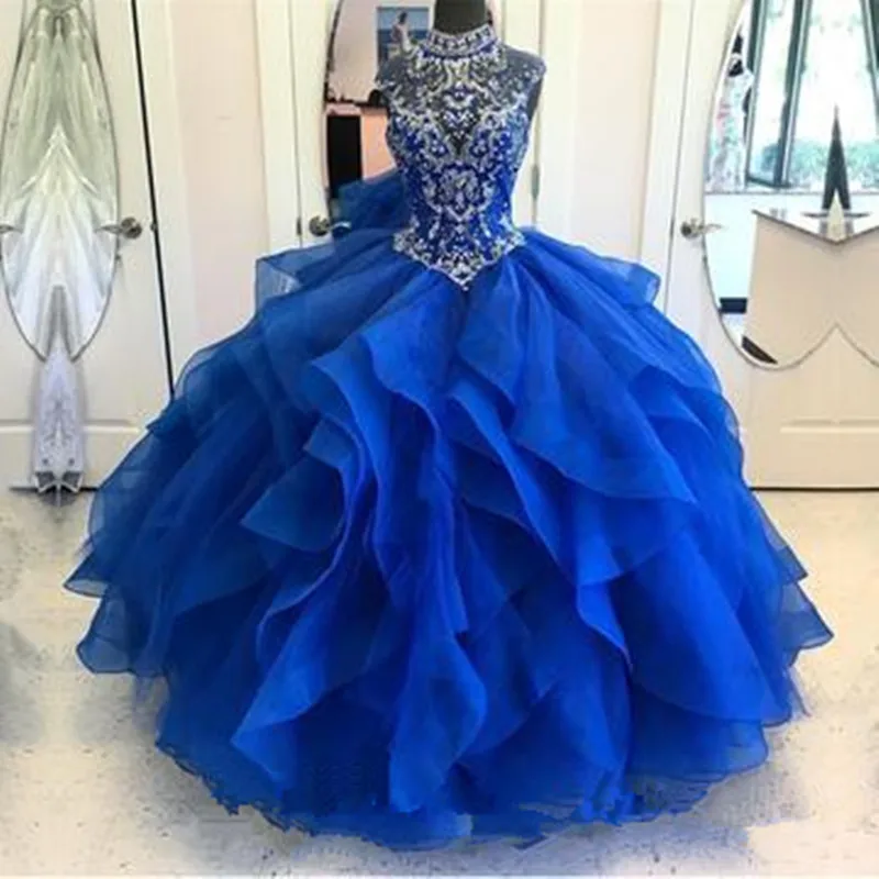 

High Neck Crystal Beaded Bodice Corset Organza Layered Quinceanera Dresses Ball Gowns Princess Prom Dresses Lace-up
