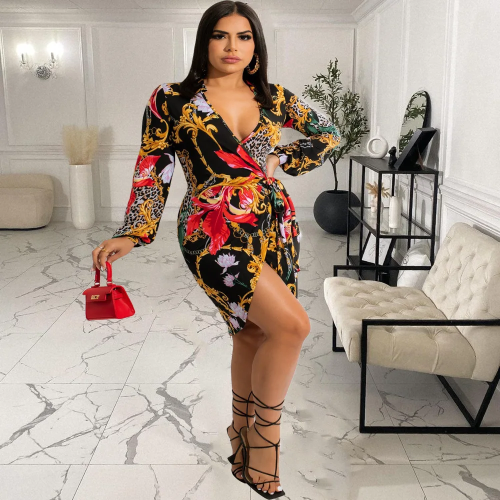 

2022 Hot Recommend Style Vintage Flower Printed Deep V Neck Long Sleeve Sheath Dresses Elegant For Women Work Office Dress