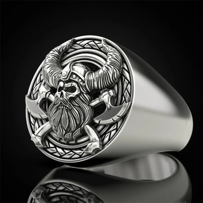 

Viking Men's Skull Ring Nordic Mythology Retro Double Axe Skull Domineering Male Ring Banquet Jewelry Gift