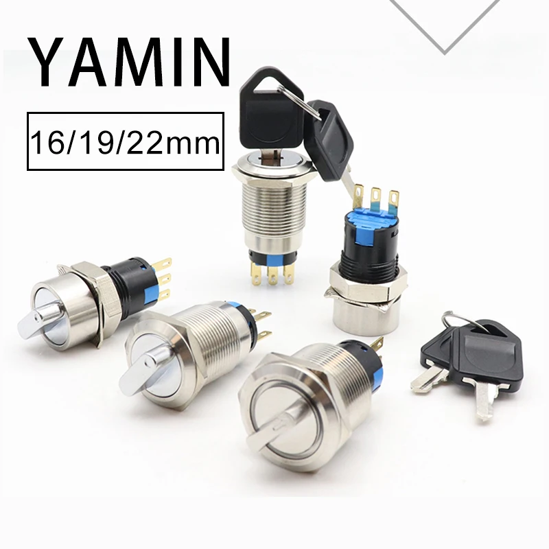 

12/16/19/22mm Reset Momentary Fixed Latching Waterproof IP65 Metal Selector Rotary Switch 2/3 Position With Key Knob 3/6 Pins