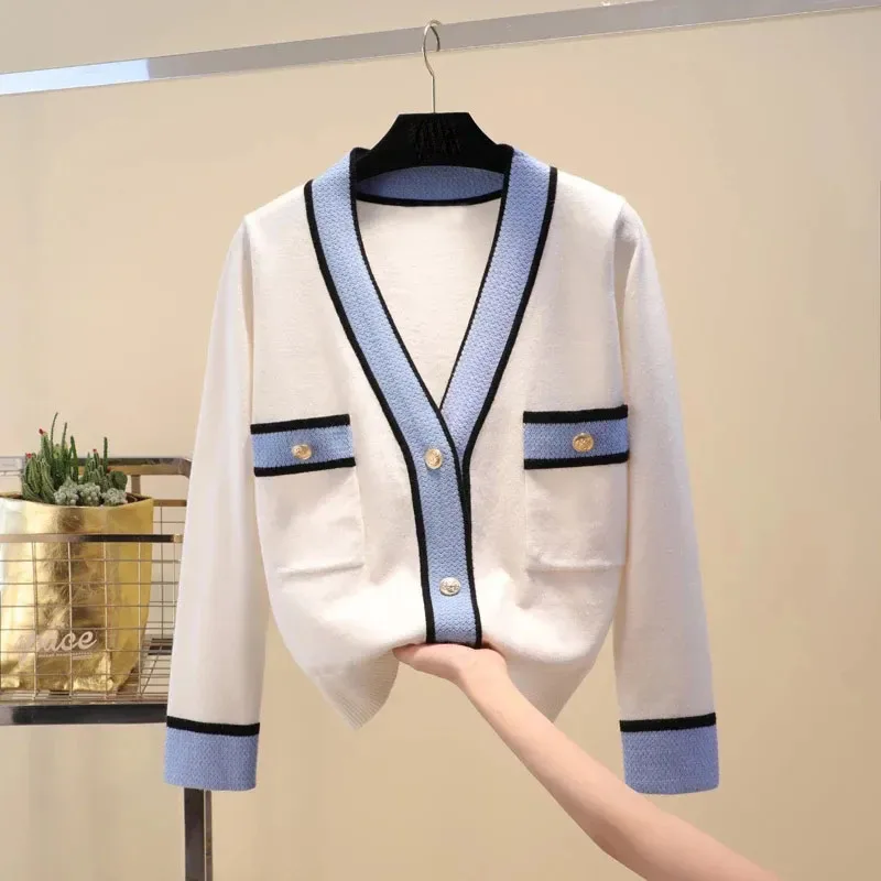 

Lucyever New V Neck Cardigan Sweaters Women 2022 Spring Casual Spliced Warm Jumpers Woman Loose-fitting Button Knit Jacket