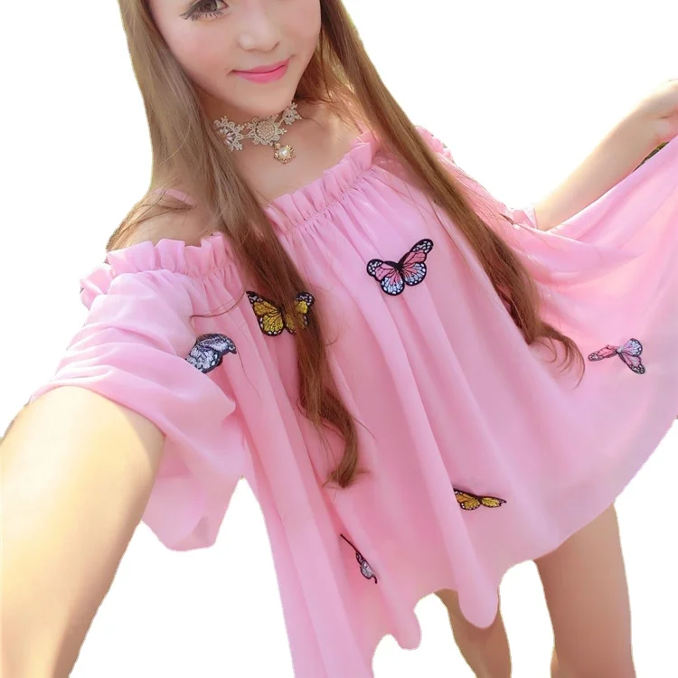 

Butterfly Deco Pink Tops Women Sexy Off The Shoulder Pink Shirts Camis Woman Butterfly Tops Summer Clothing