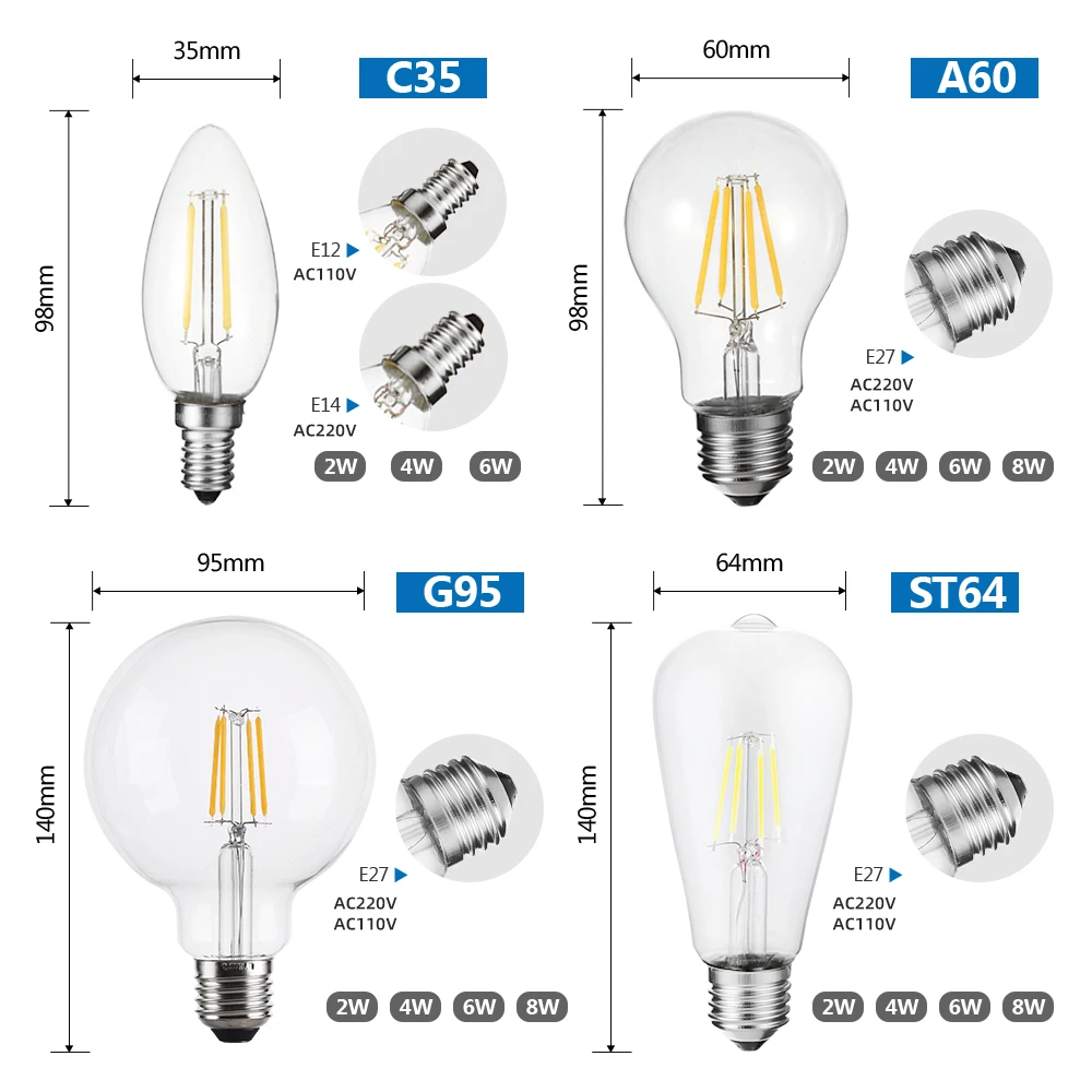 Светодиодная лампа E27 220v 110v 2W 4W 6W 8W E14 с регулируемой яркостью светильник лампы