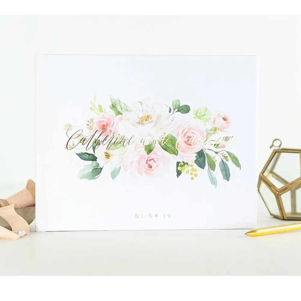 

personalize Gold Foil Wedding Guest Book Mr and Mrs names guestbook landscape floral Engagement photo book Moder custom Birthday