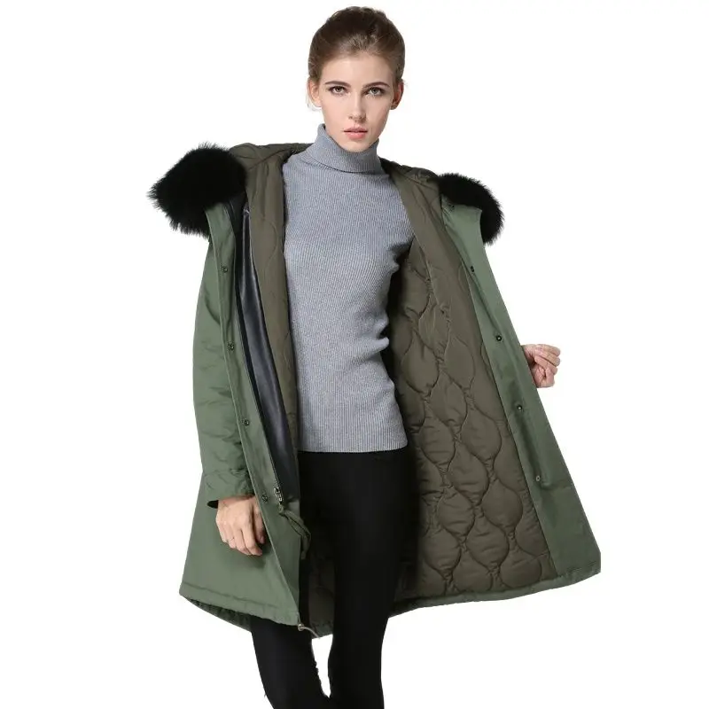 Новейшая длинная стильная зимняя меховая куртка армейского зеленого цвета