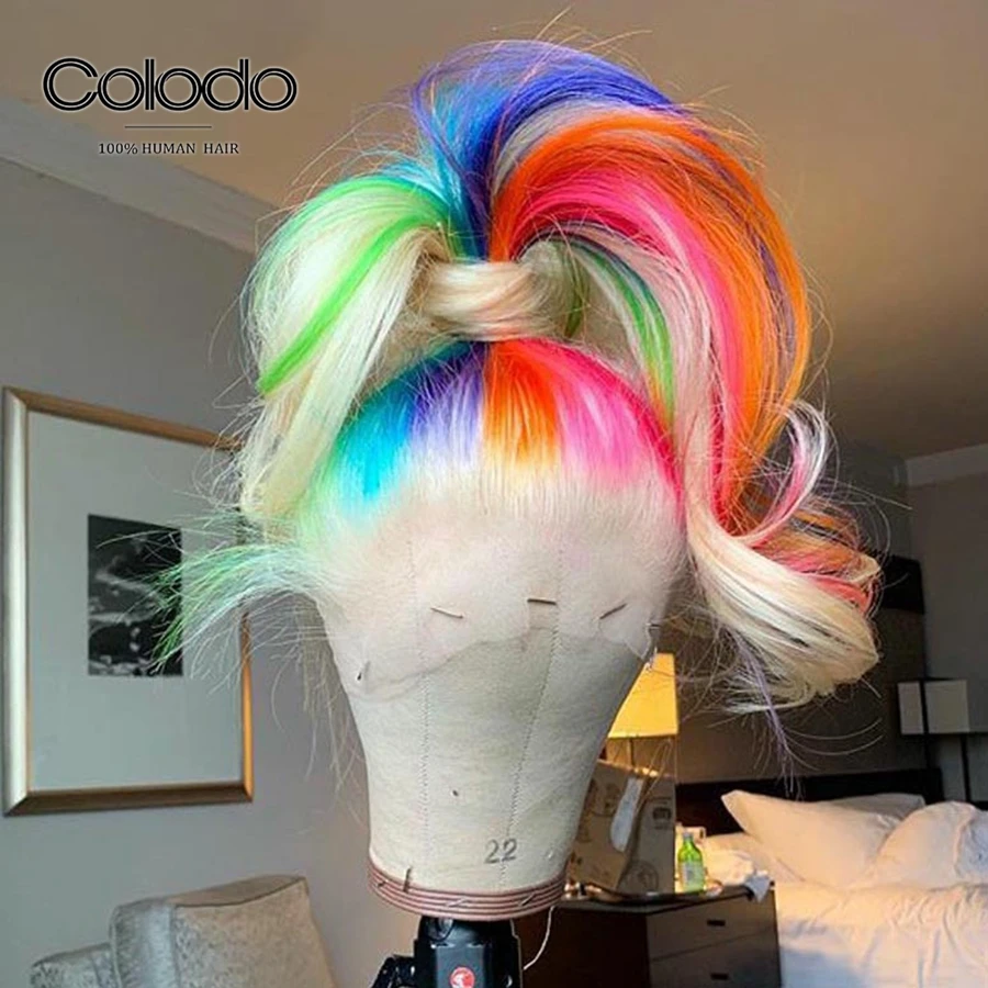

COLODO Rainbow Human Hair Wig Remy Brazilian Red Blue Blonde Ombre Lace Front Wig Preplucked Transparent Lace Wigs for Women