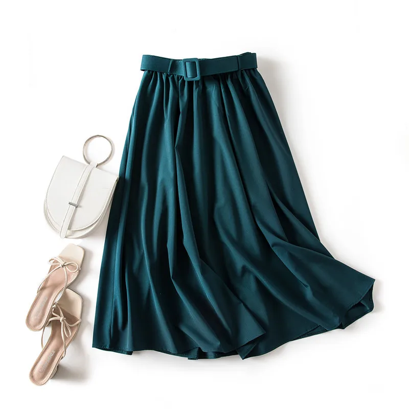 

Summer High Waist Blue Pleated Skirts Women Korean Solid A-line Skirts Women With Belt Artificial Silk Long A-line Skirt Femme