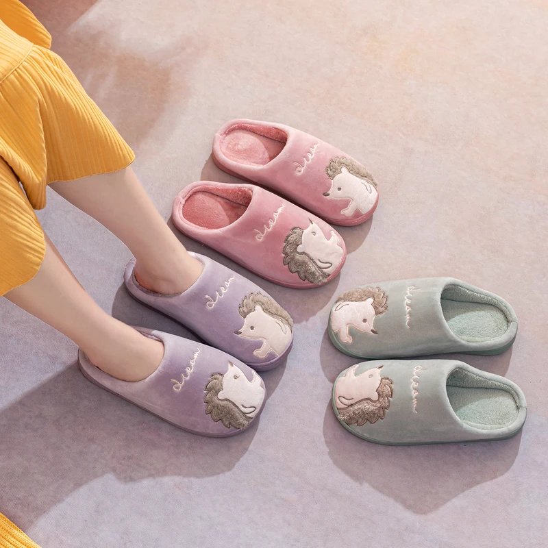 

Women Men Winter Warm Fur Slippers Slide Sandals Cartoon Hedgehog Thick Soft Sole Ladies Boys Girls Home Indoor Cotton Shoes