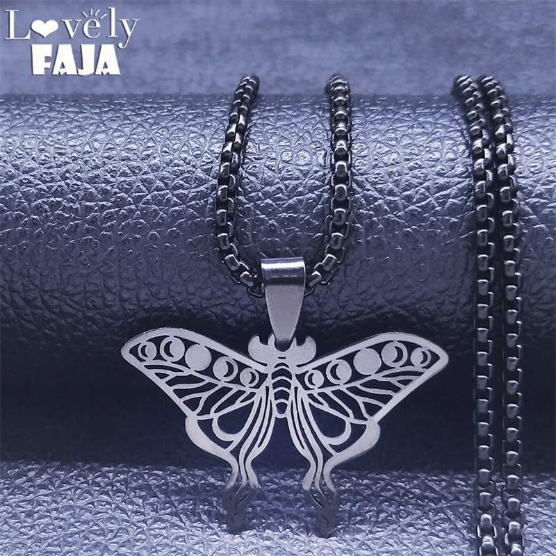 

Witchcraft Stainless Steel Butterfly Moon Long Necklaces Men/Women Black Color Chain Necklaces Jewelry bijoux femme N7071S03