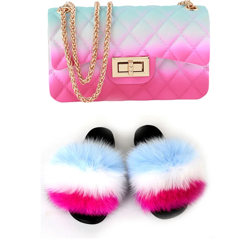 

Женские летние пушистые шлепанцы, набор с кошельками из меха, Сланцы и кошелек, пушистые тапочки из лисьего меха, летние сандалии для женщин ...