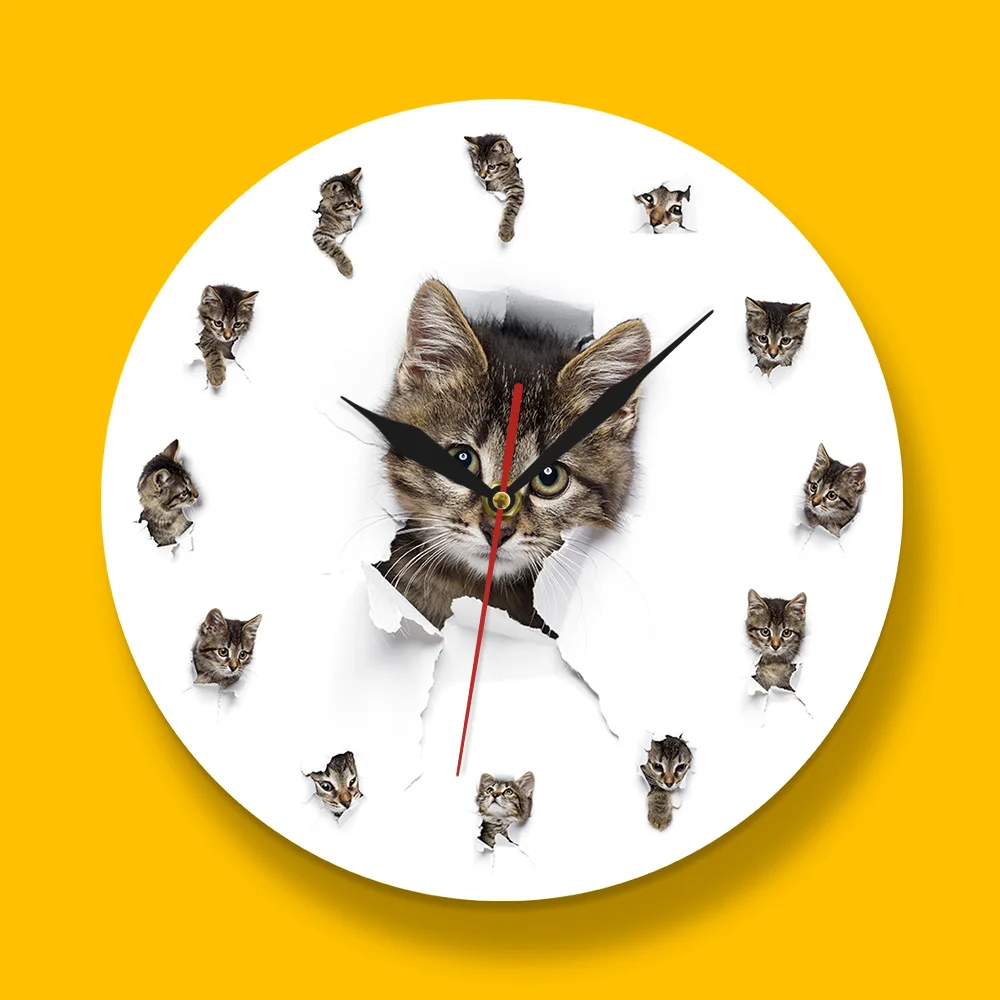 Милые Маленькие котята с отверстиями из бумаги акриловые настенные часы принтом
