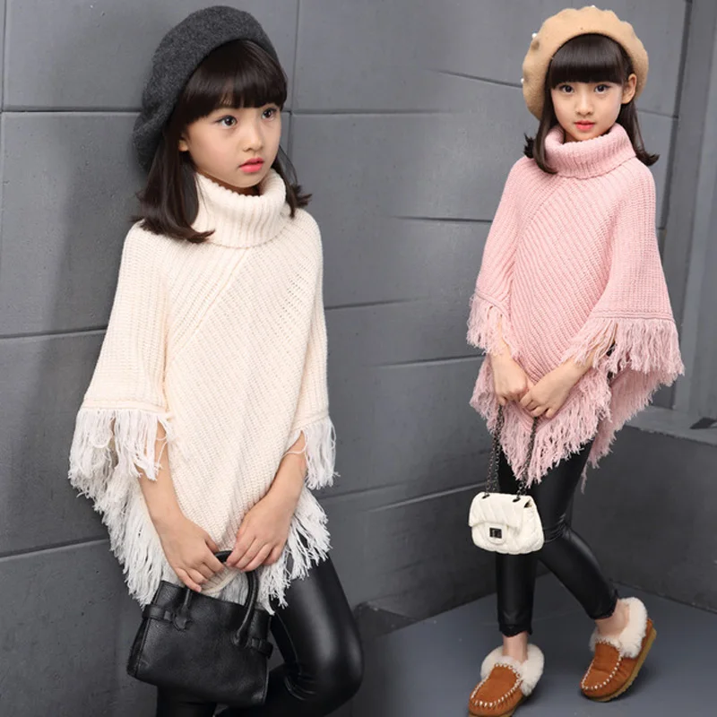 Зимние вязаные свитера для девочек 2019 водолазка вязаная шапка куртка детская