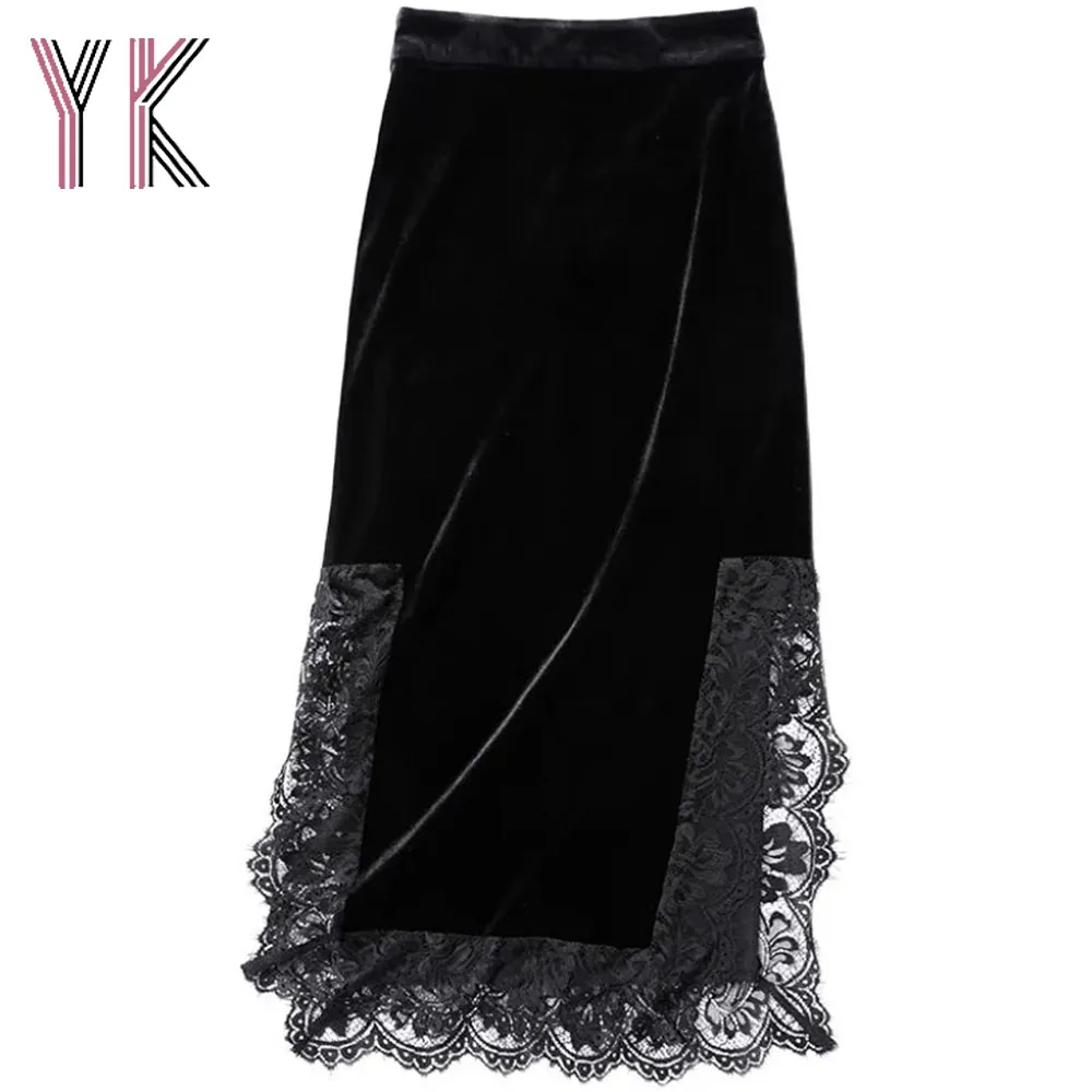 

Velvet Lace Stitching Side Slit Elastic Band Midi Skirts Sling Black Sexy Party Dress Aesthetic Streetwear High Waist Sukienka