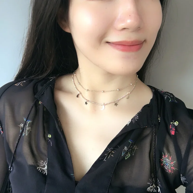 

Ladies Fashion Simple Romantic Double Moon Star Short Necklace Round Bead Clavicle Chain Necklace