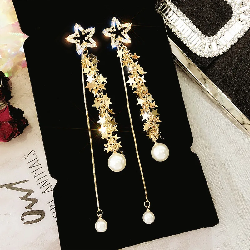 Новинка 2019 корейские асимметричные жемчужные серьги со звездочками и