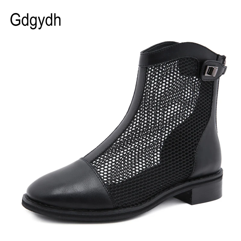 Женские ажурные ботинки Gdgydh черные дышащие на блочном массивном каблуке в