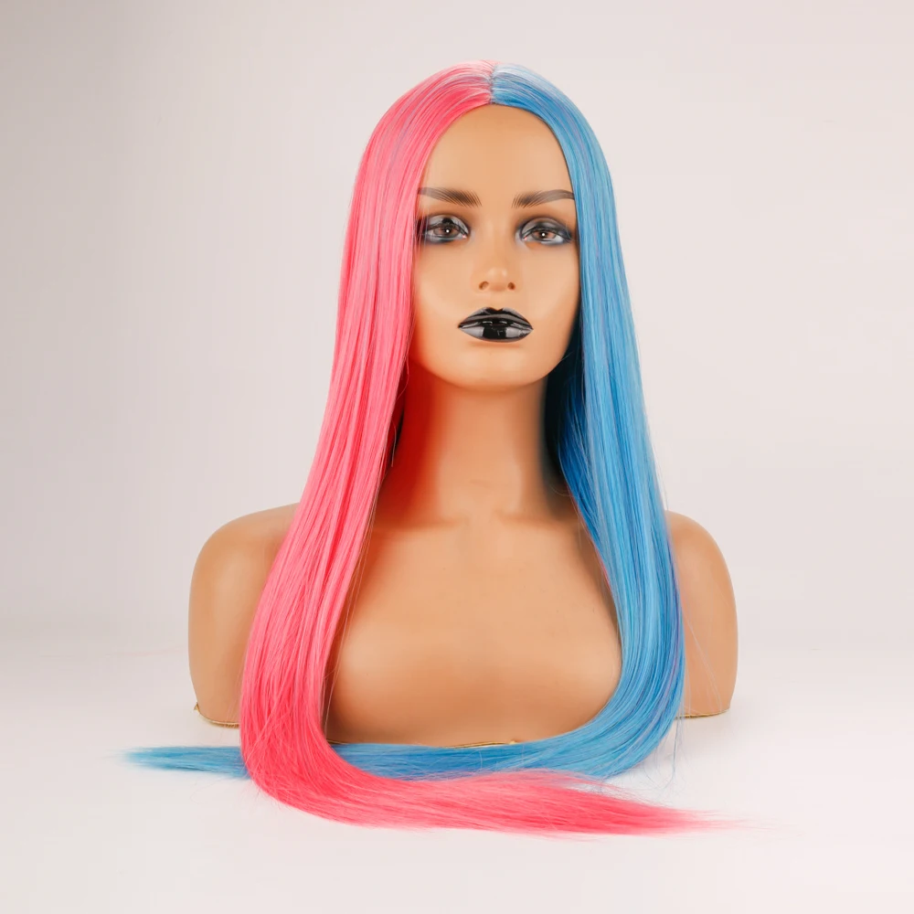 

DLME Synthetic Colorful Wig Heat Resistant Fiber Half Pink And Blue Wig Cosplay Wigs For Women Drag Queen Lolita Hair