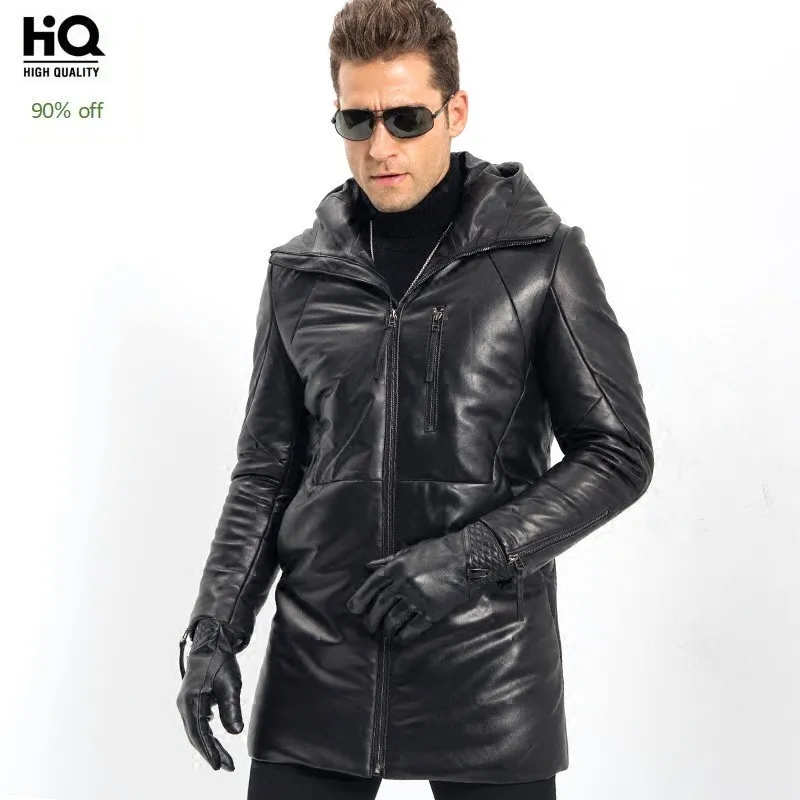 2020 зимняя мужская куртка средней длины из натуральной кожи с капюшоном пуховое