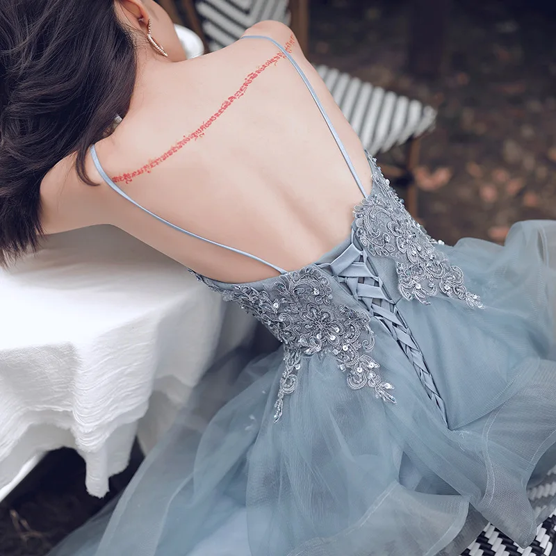 

Long Prom Dresses 2021 V Neck Tulle Sleeveless Formal Evening Gown A-Line Graduation Dress