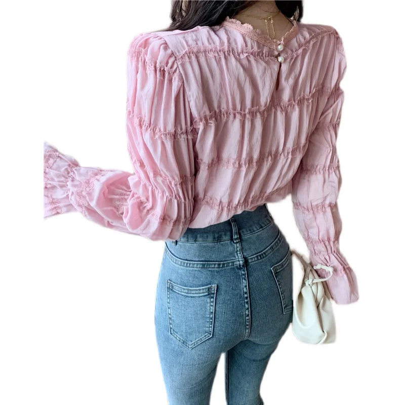 

COIGARSAM Fashion blouse women New Flare Sleeve Pleated O-Neck blusas womens tops and blouses White Pink 5583