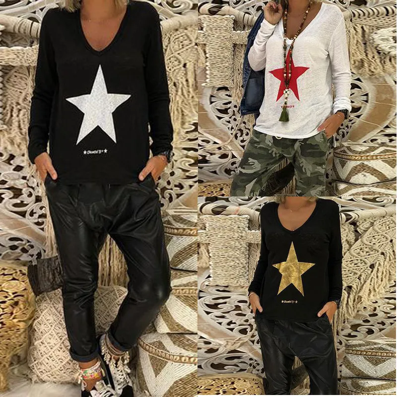 

Summer Women Long Sleeve Casual Star Printed Casual Loose Tops Tee Shirt Blouse Star Printed T-Shirts Tops Blouse S-5XL