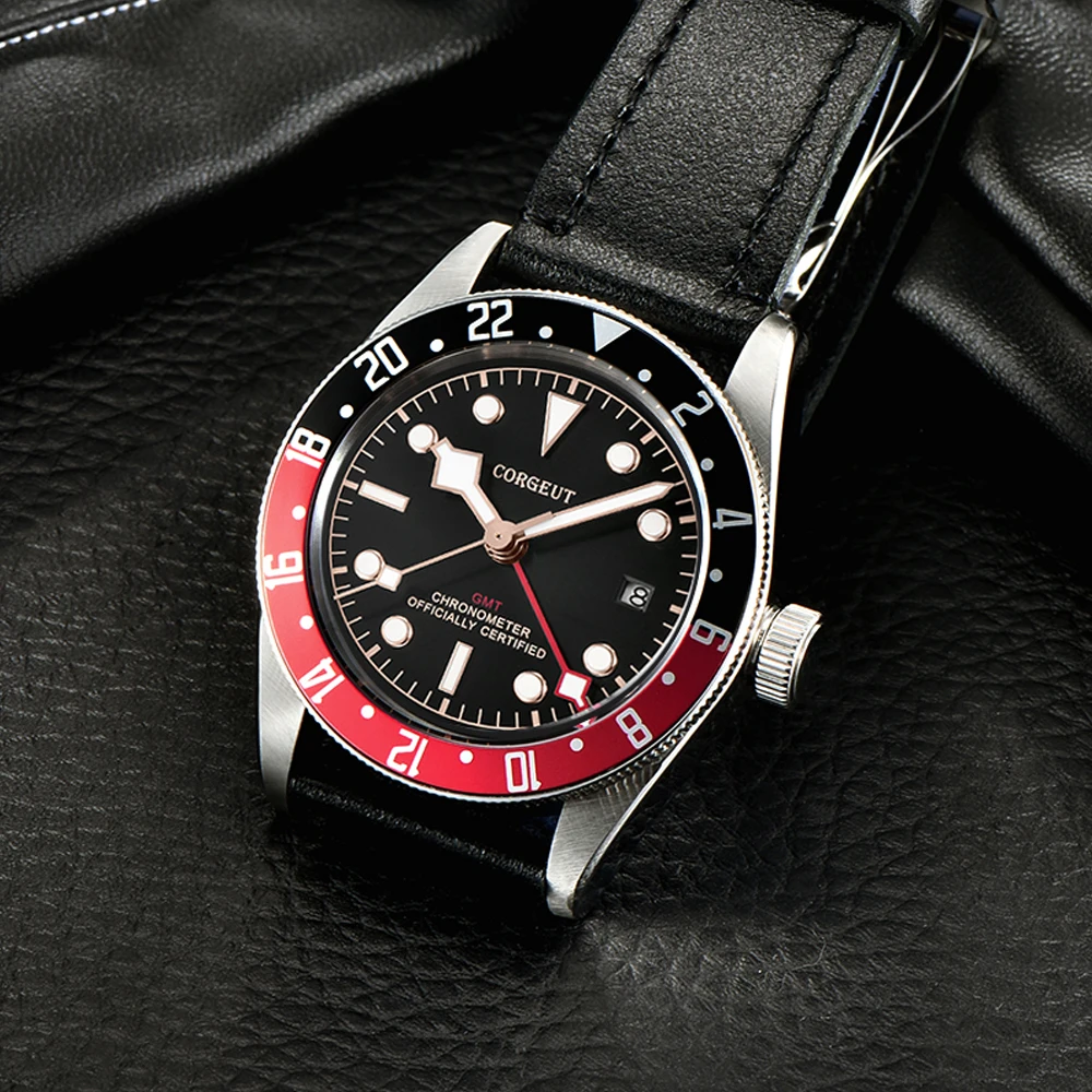 Corgeut люксовый бренд Schwarz Bay GMT Мужские автоматические механические часы Военные Спортивные часы для плавания кожаные механические наручные часы