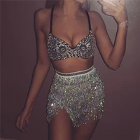 sliver shiny sequined 2 piece set women spaghetti strap patchwork bra crop top bling tassel waist chain clubwear 2 pcs outfits