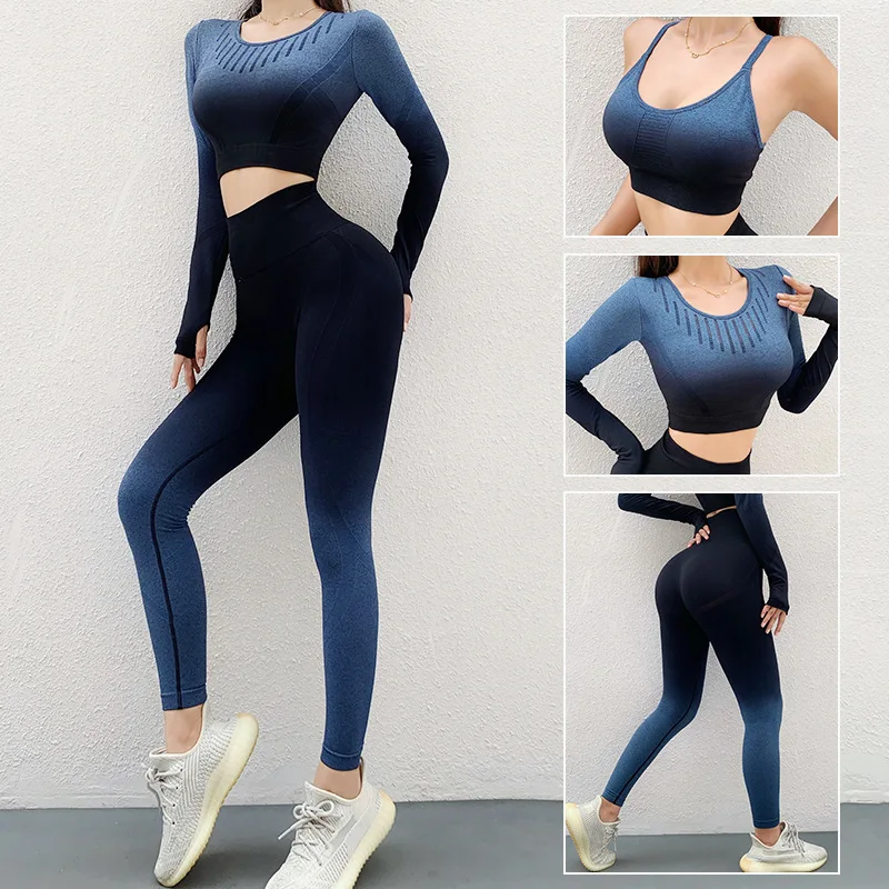 

Seamless Yoga Wear Suit Gradient Tight Fitness Sports Suit Running Fitness Bra Seamless Yoga Tops High Waist Gym Yoga Leggings