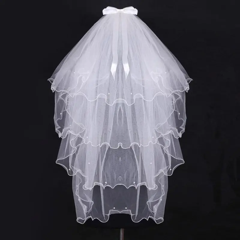 

4 Tier Layered Womens Wedding Veil Imitation Pearl Handmade Beaded Ribbon Bowknot Decor Agaric Wavy Trim Bridal Veil With Comb ,