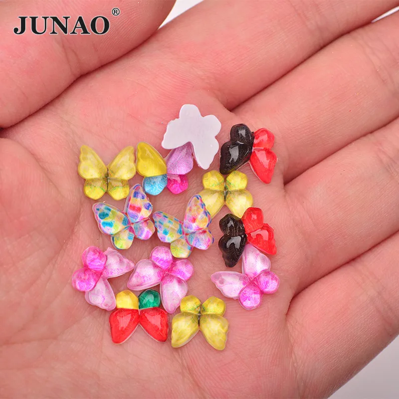 

JUNAO 50pcs 10mm Colorful Butterfly Decoration Rhinestone Stickers Glitter Resin Cabochons Flatback Stones for Scrapbook Crafts