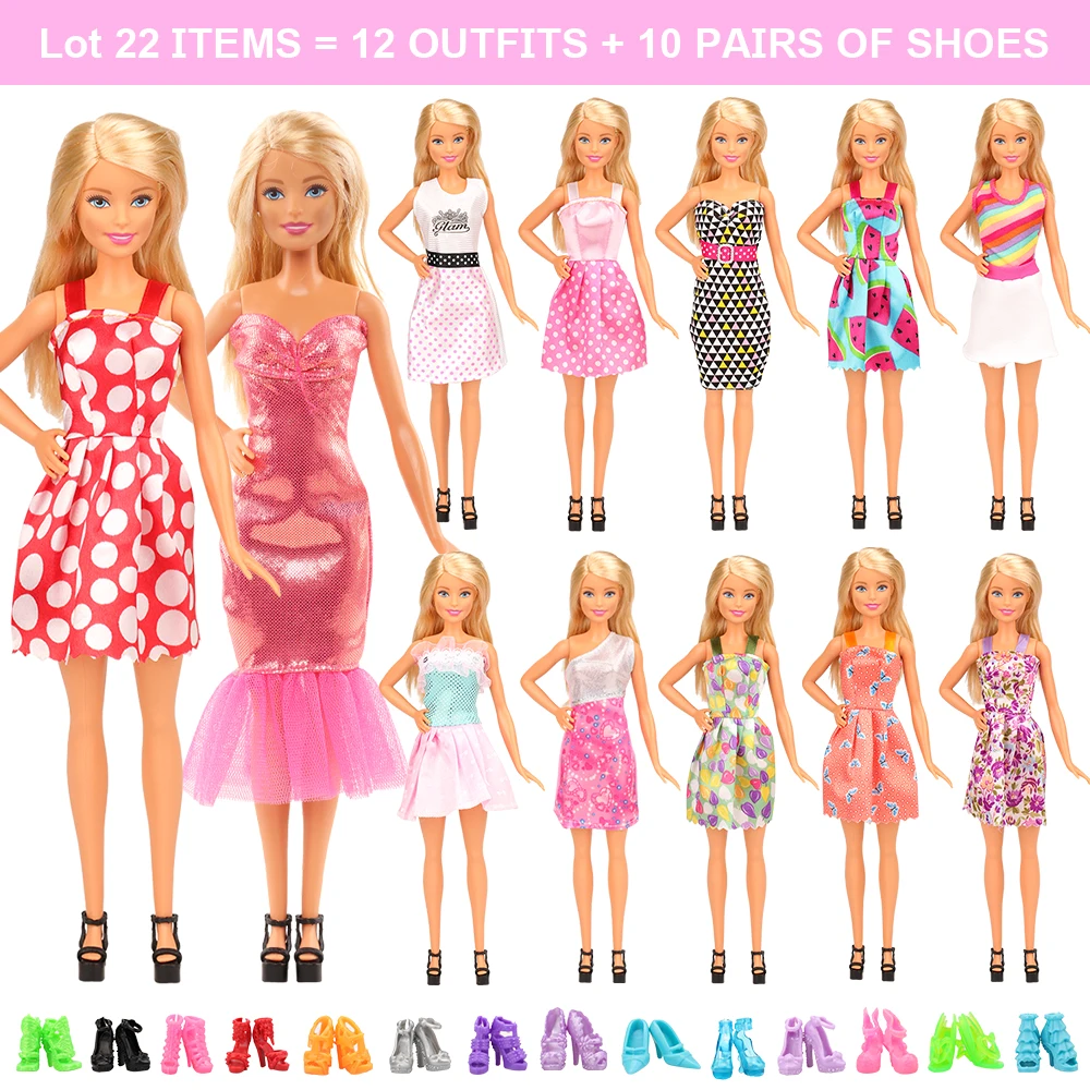 

Fashion 22 Items/lot Doll Accessories Kids Toys =12 Doll Dress Random + 10 Dolls Shoes Object For Barbie Dressing DIY Present