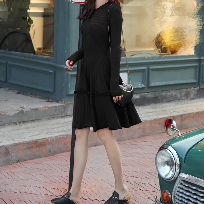 RealShe Winter Sweater Women O-Neck Full Sleeve Ruffles Solid Knitted Dress Mini Female Autumn Pullover | Женская одежда