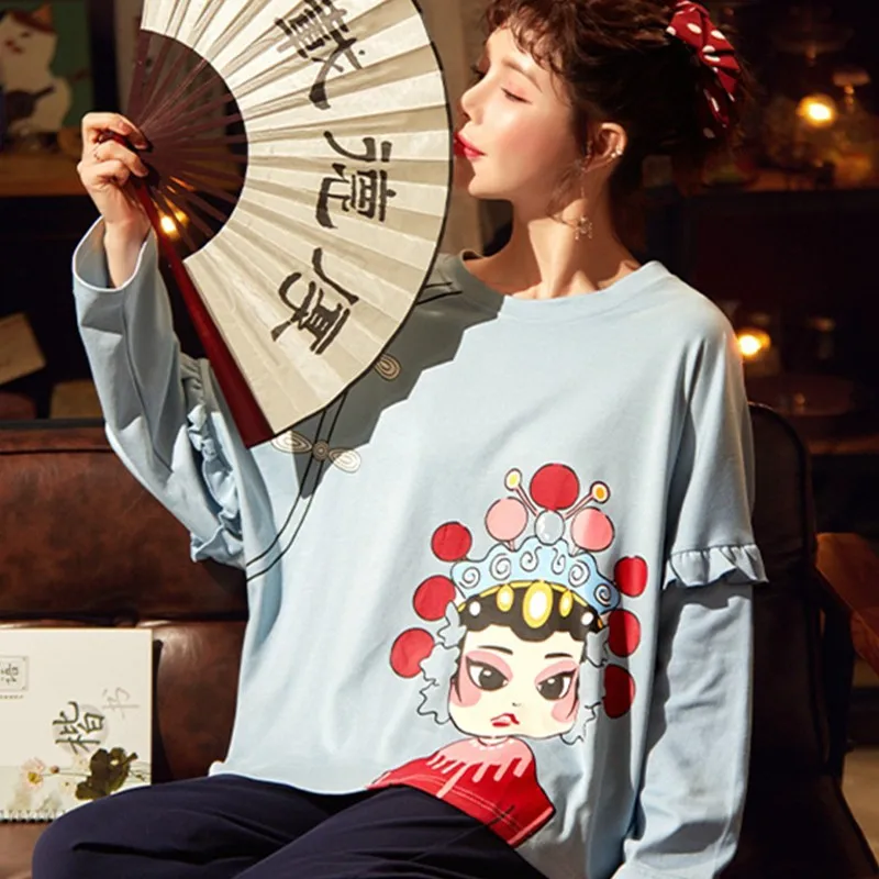 

Tonngirls Sweat Homewear Pajamas Set Femme Long Sleeve O Neck Cartoon Chinese Style Night Wear Women Set Pijama Cotton Autumn
