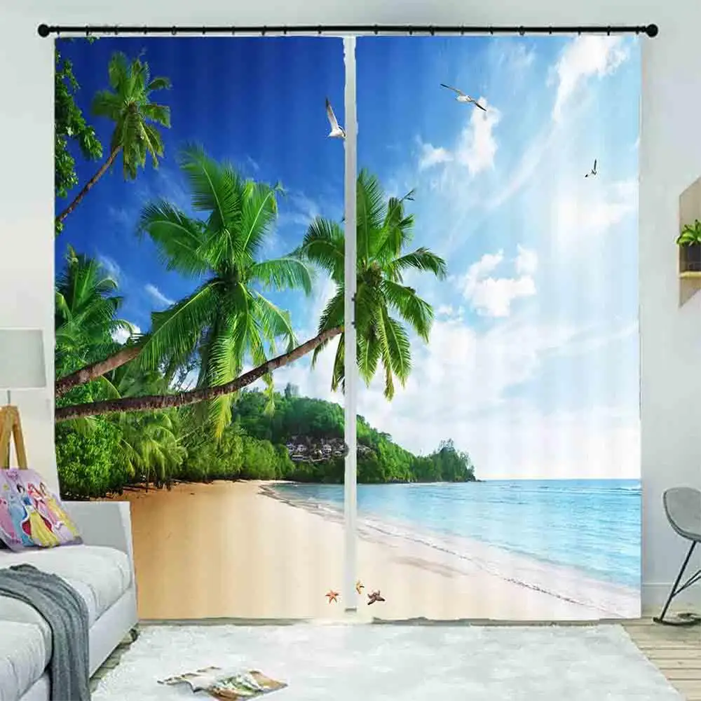 

Custom European style 3D Curtains Blackout Coconut palm, beach, the sea Window Curtain 3D Living Room Bedroom Luxury Curtains