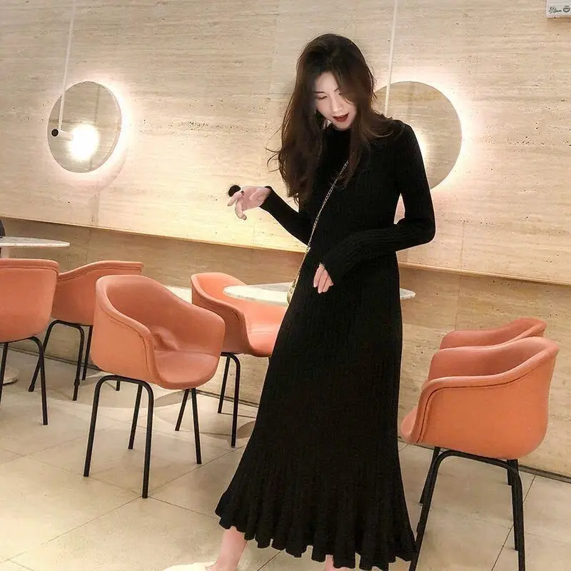 

2021 woman dress thick sweater skirt over the knee lazy knitted dress was thin autumn and winter new base mermaid skirt winter