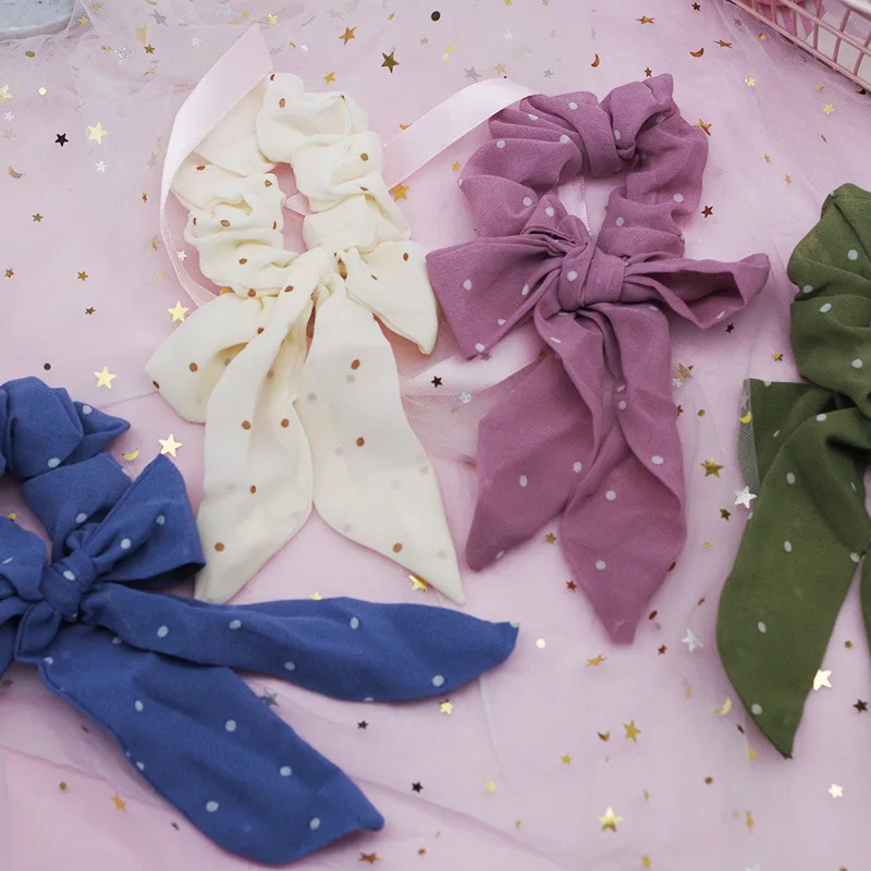 

New Women Elegant Dot Bow Ribbon Yarn Elastic Hair Bands Ponytail Holder Scrunchie Hair Ropes Headband Fashion Hair Accessories