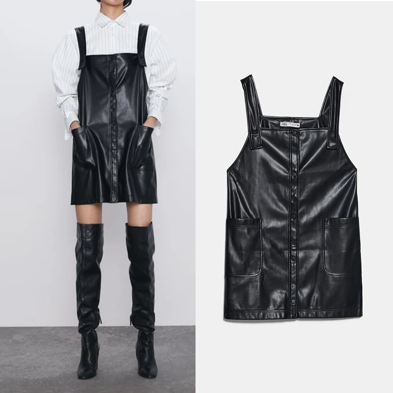 Женское платье из искусственной кожи без рукавов на одной пуговице|Женские